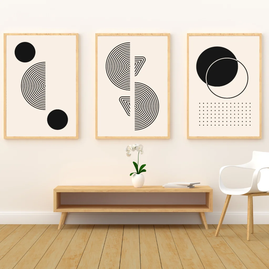 Modern Geometric Minimalist Wall Art – Set of 3 Black & Beige Abstract Prints