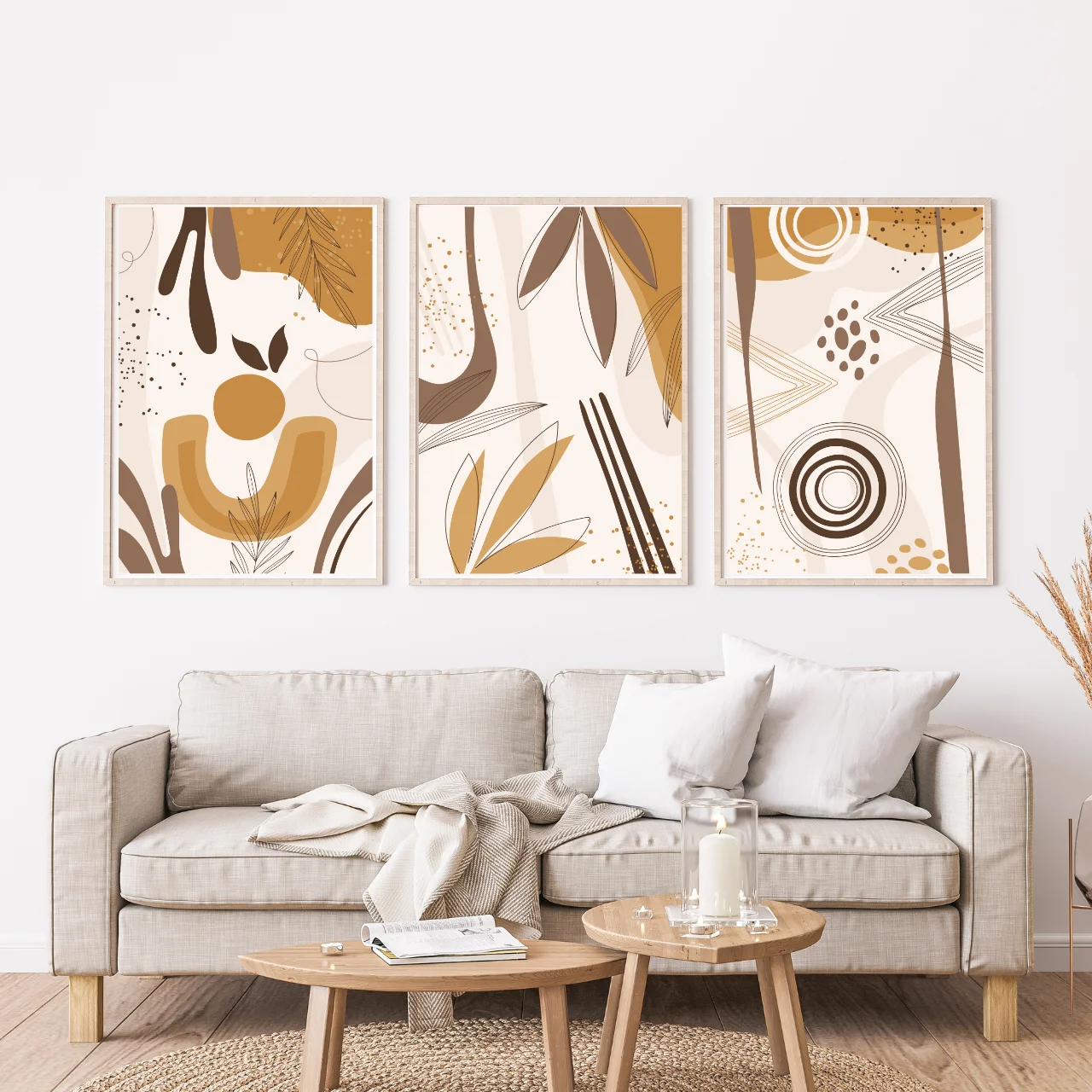 Boho Botanical Abstract Wall Art – Set of 3 Earth Tone Modern Prints