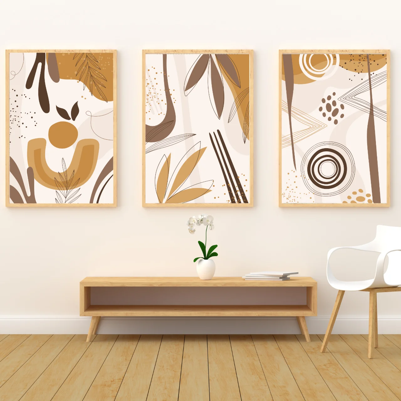 Boho Botanical Abstract Wall Art – Set of 3 Earth Tone Modern Prints