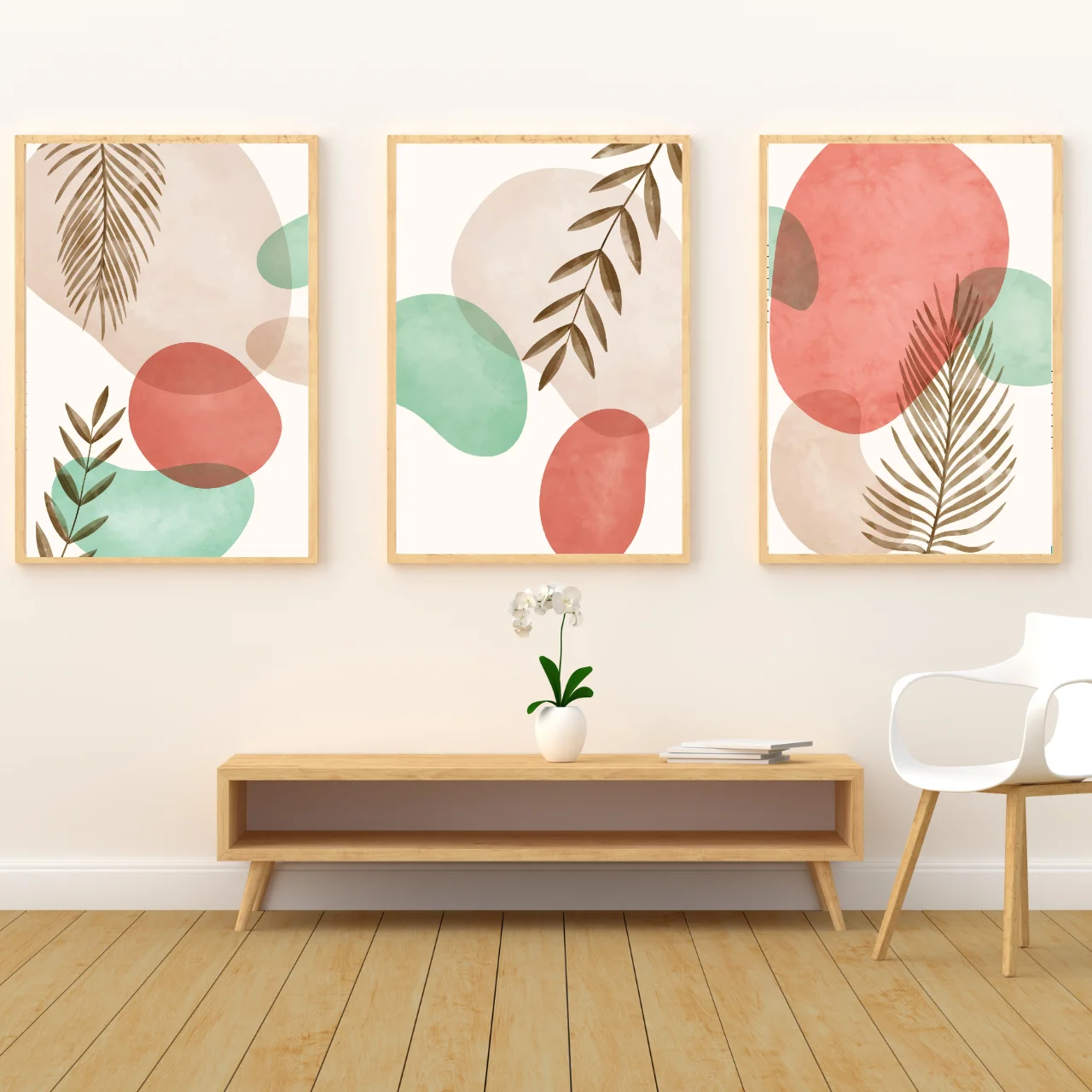 Boho Abstract Botanical Wall Art – Set of 3 Leaf and Shape Prints in Coral & Sage Tones