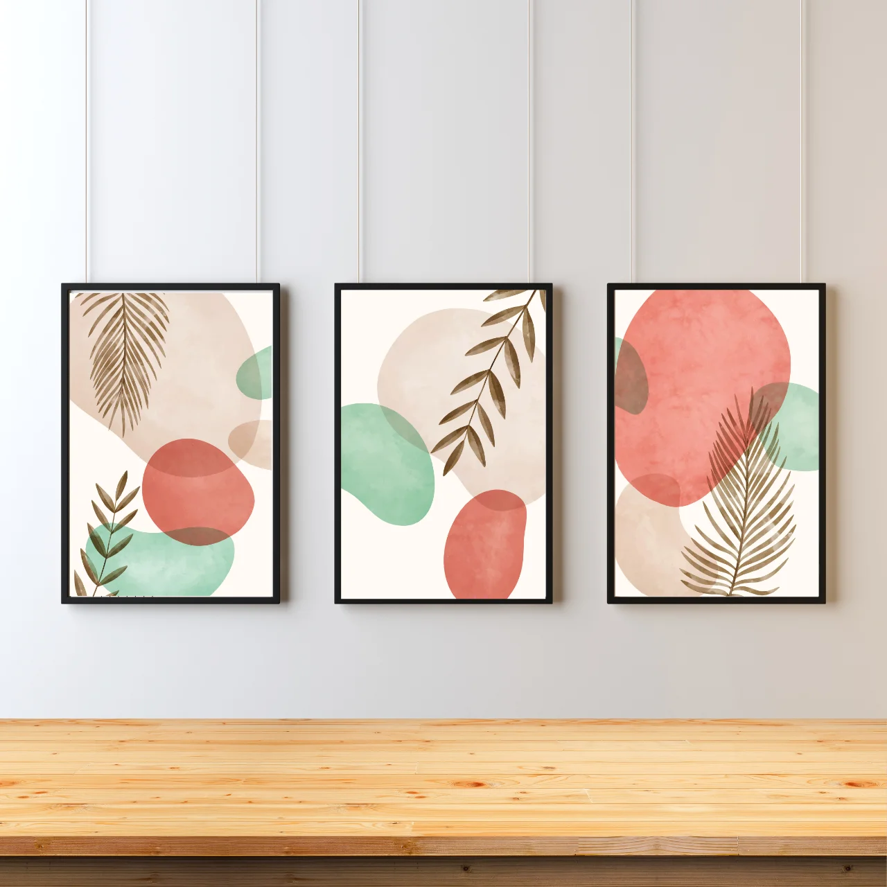 Boho Abstract Botanical Wall Art – Set of 3 Leaf and Shape Prints in Coral & Sage Tones