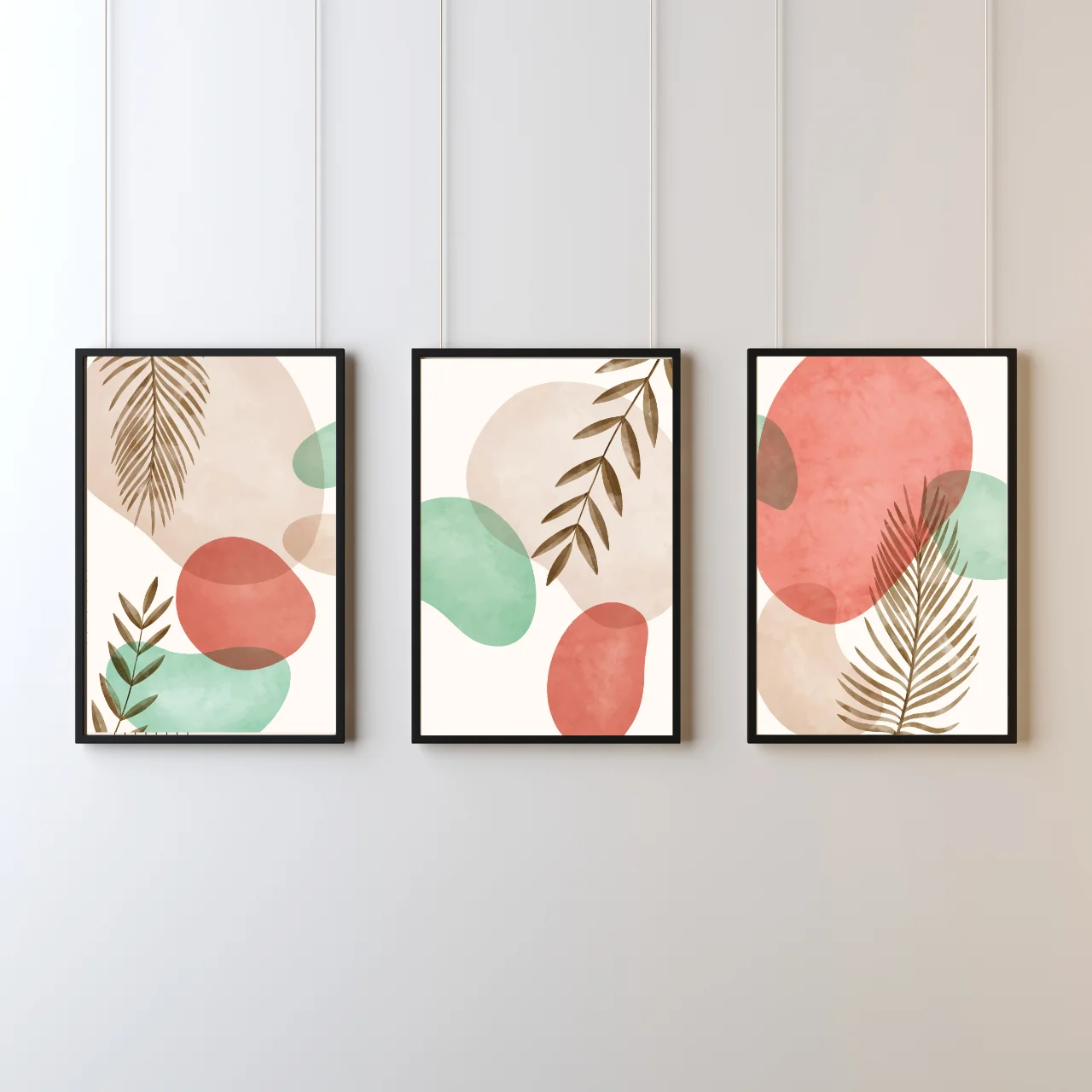 Boho Abstract Botanical Wall Art – Set of 3 Leaf and Shape Prints in Coral & Sage Tones
