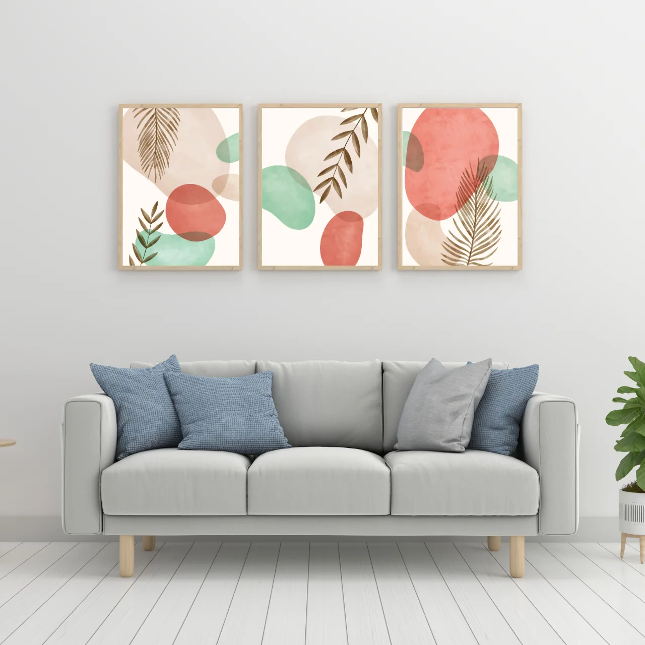 Boho Abstract Botanical Wall Art – Set of 3 Leaf and Shape Prints in Coral & Sage Tones