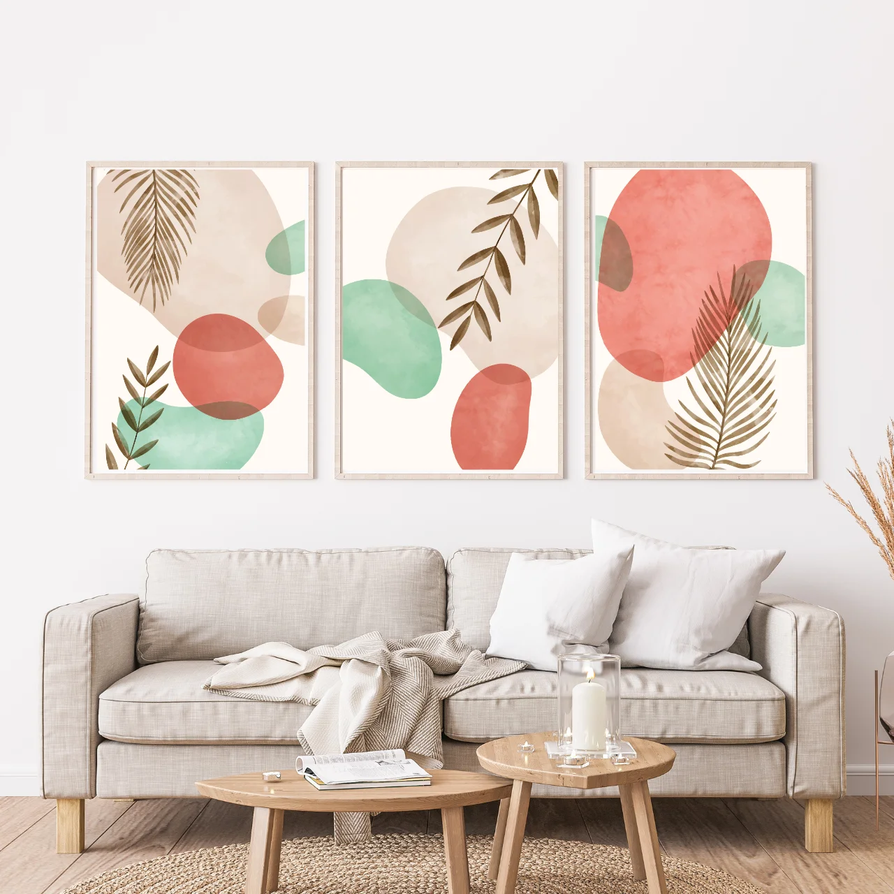 Boho Abstract Botanical Wall Art – Set of 3 Leaf and Shape Prints in Coral & Sage Tones