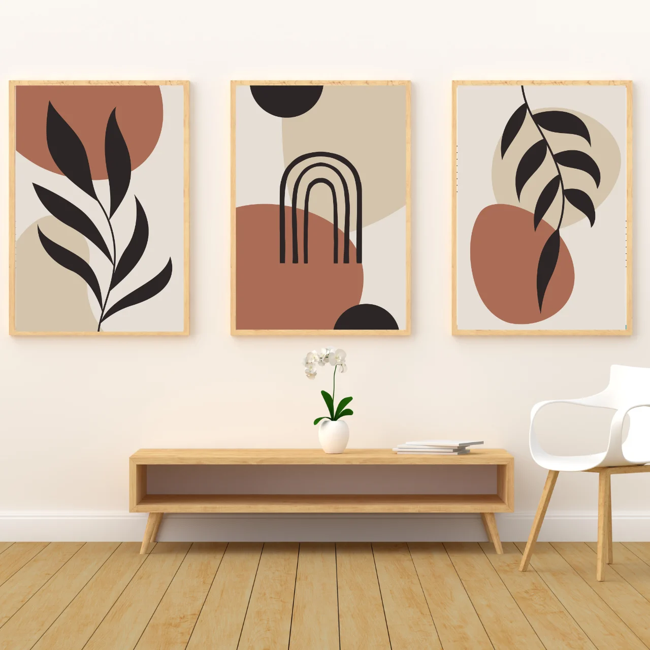Boho Abstract Leaf Wall Art – Set of 3 Modern Minimalist Prints in Earth Tones