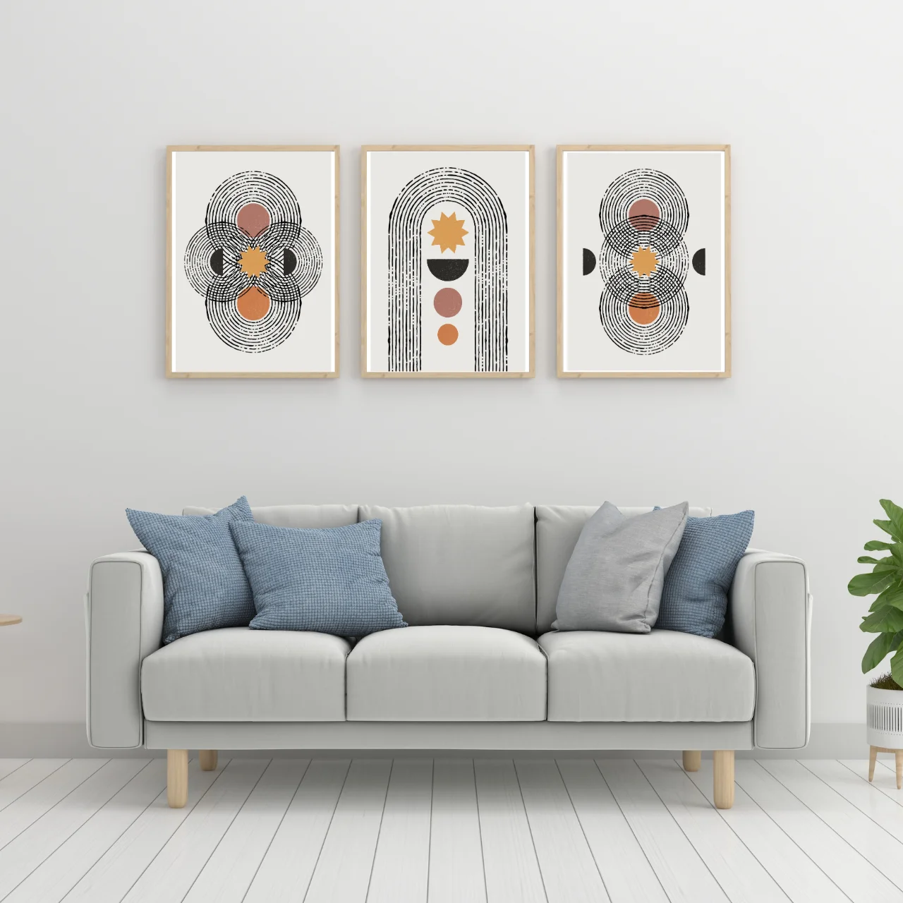 Boho Geometric Abstract Wall Art – Set of 3 Modern Minimalist Prints in Earth Tones