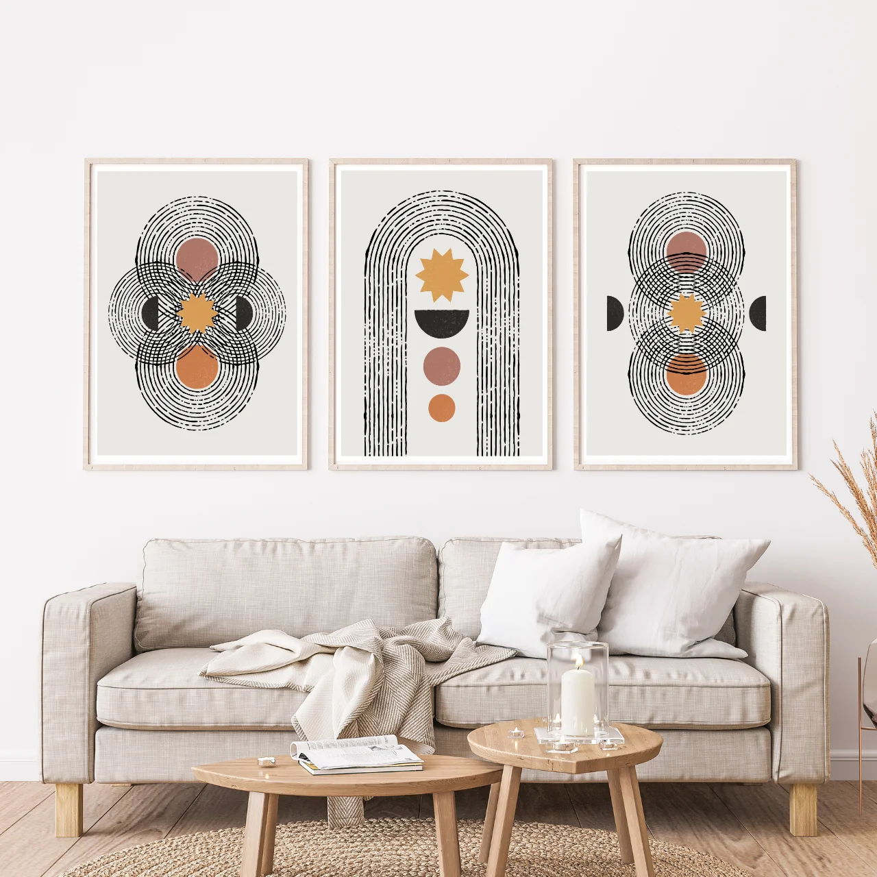 Boho Geometric Abstract Wall Art – Set of 3 Modern Minimalist Prints in Earth Tones