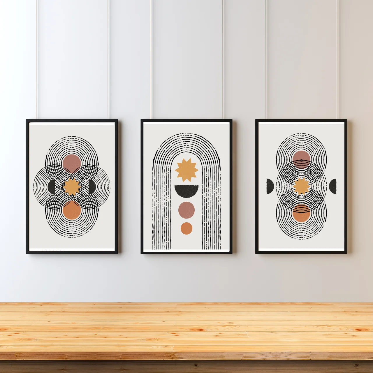 Boho Geometric Abstract Wall Art – Set of 3 Modern Minimalist Prints in Earth Tones