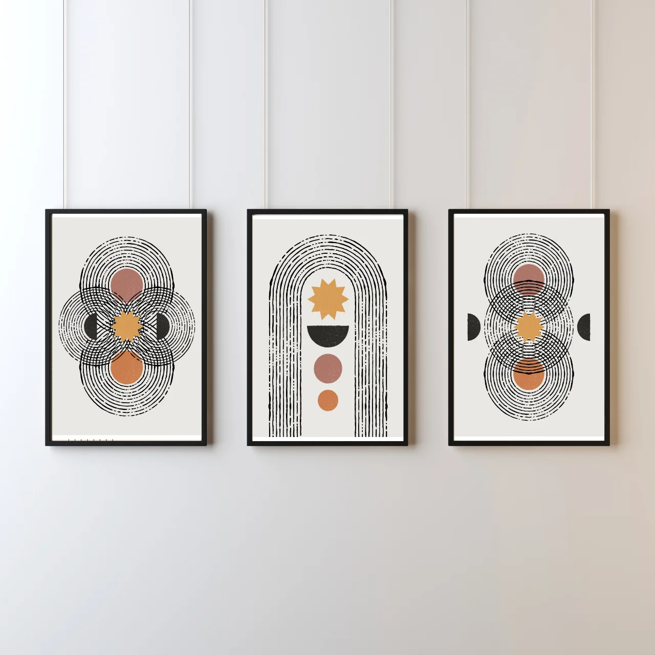 Boho Geometric Abstract Wall Art – Set of 3 Modern Minimalist Prints in Earth Tones