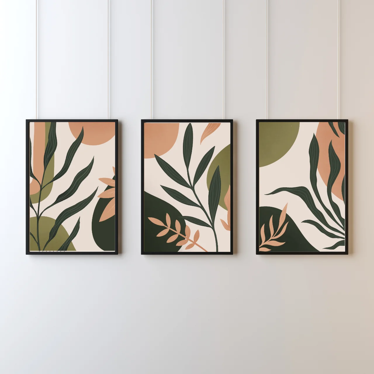 Boho Botanical Leaf Wall Art – Set of 3 Modern Abstract Prints in Earthy Green & Terracotta Tones