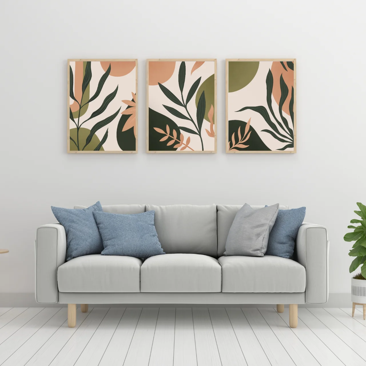 Boho Botanical Leaf Wall Art – Set of 3 Modern Abstract Prints in Earthy Green & Terracotta Tones