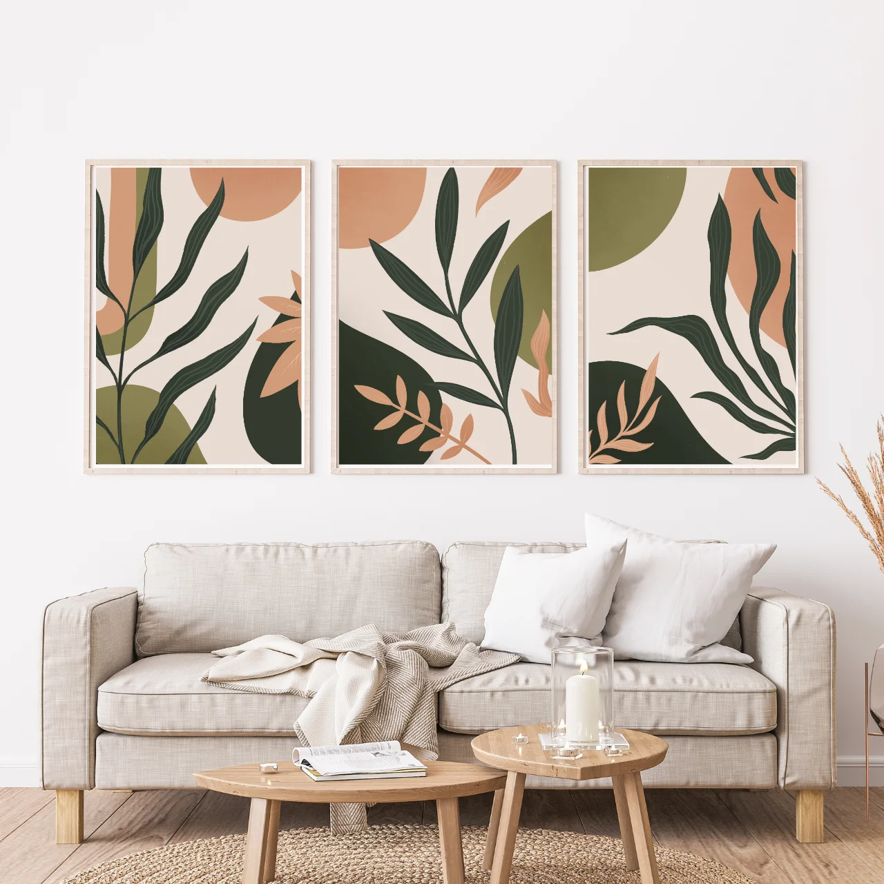 Boho Botanical Leaf Wall Art – Set of 3 Modern Abstract Prints in Earthy Green & Terracotta Tones