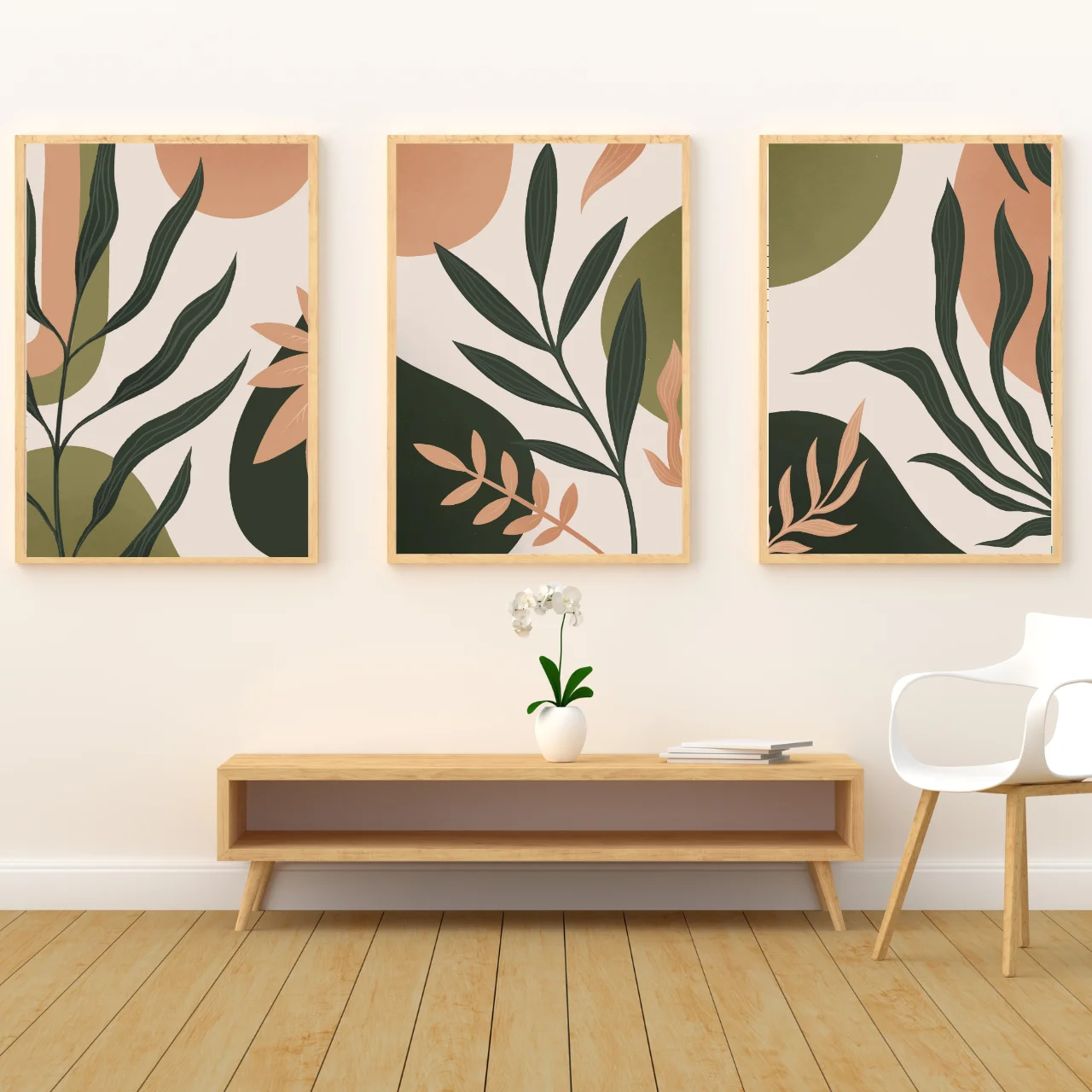 Boho Botanical Leaf Wall Art – Set of 3 Modern Abstract Prints in Earthy Green & Terracotta Tones