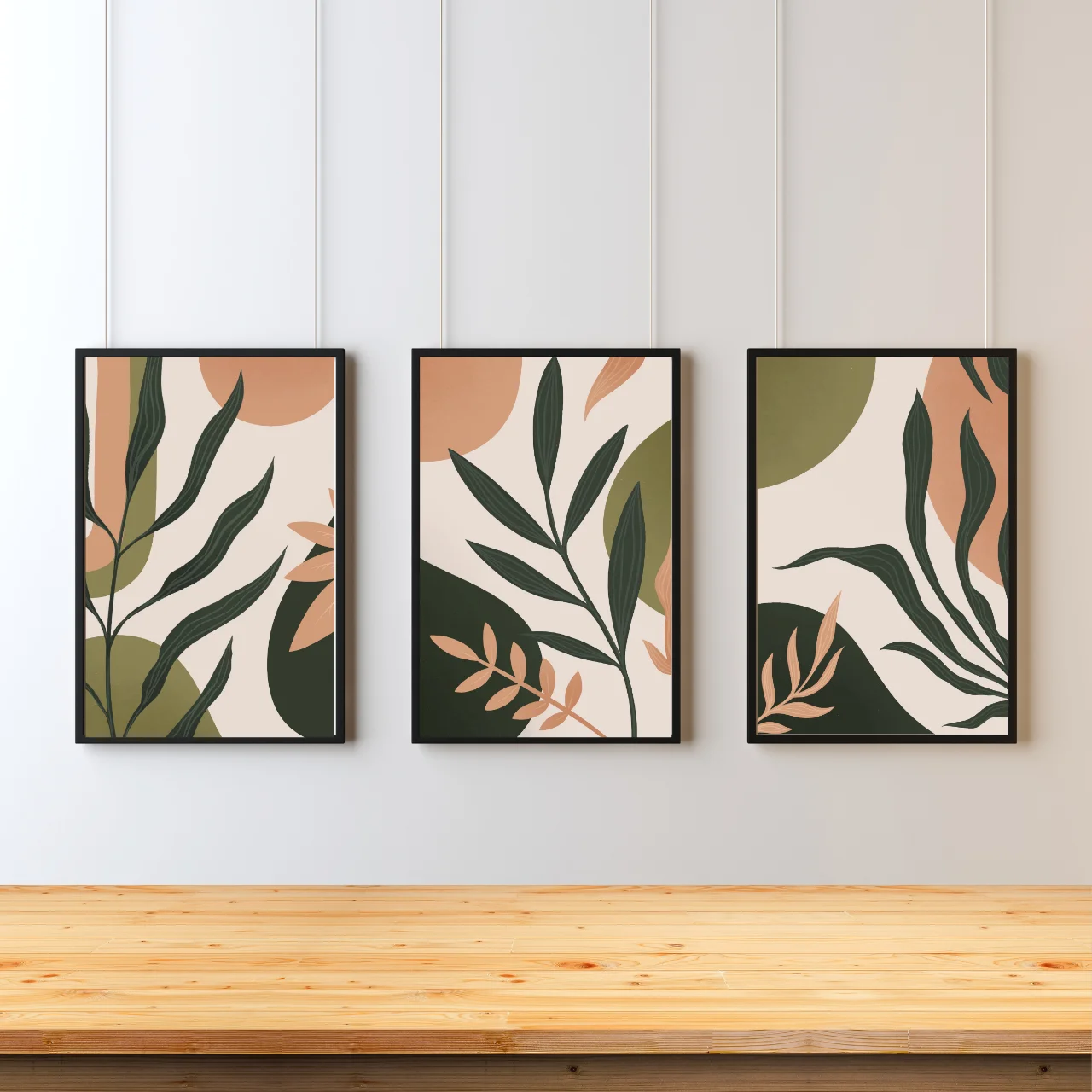 Boho Botanical Leaf Wall Art – Set of 3 Modern Abstract Prints in Earthy Green & Terracotta Tones