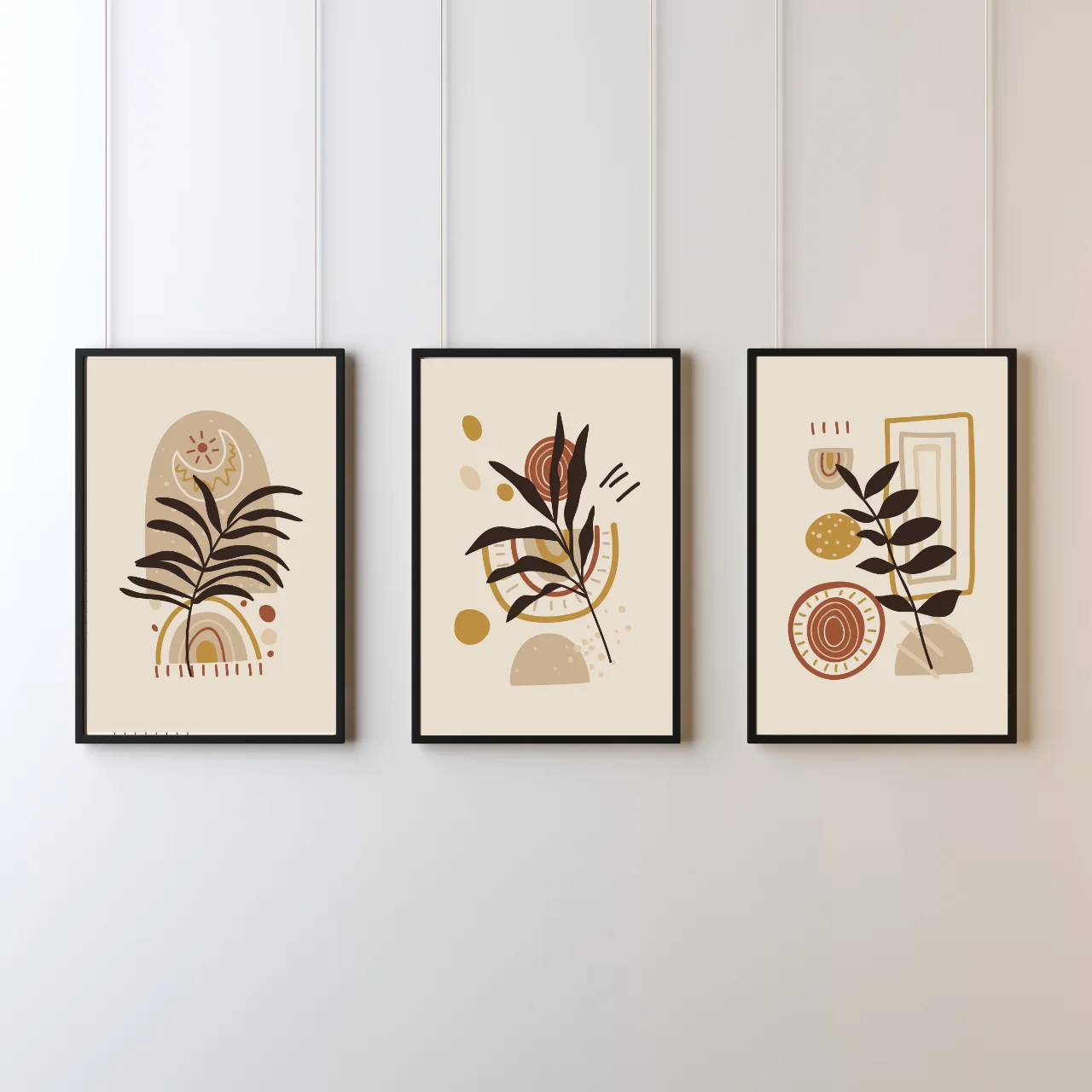 Boho Abstract Leaf Wall Art – Set of 3 Modern Geometric Prints in Beige and Terracotta Tones