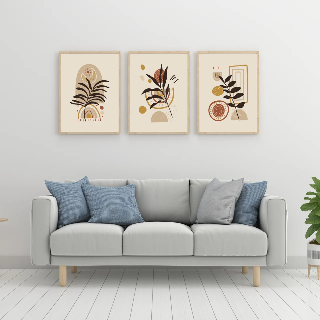 Boho Abstract Leaf Wall Art – Set of 3 Modern Geometric Prints in Beige and Terracotta Tones