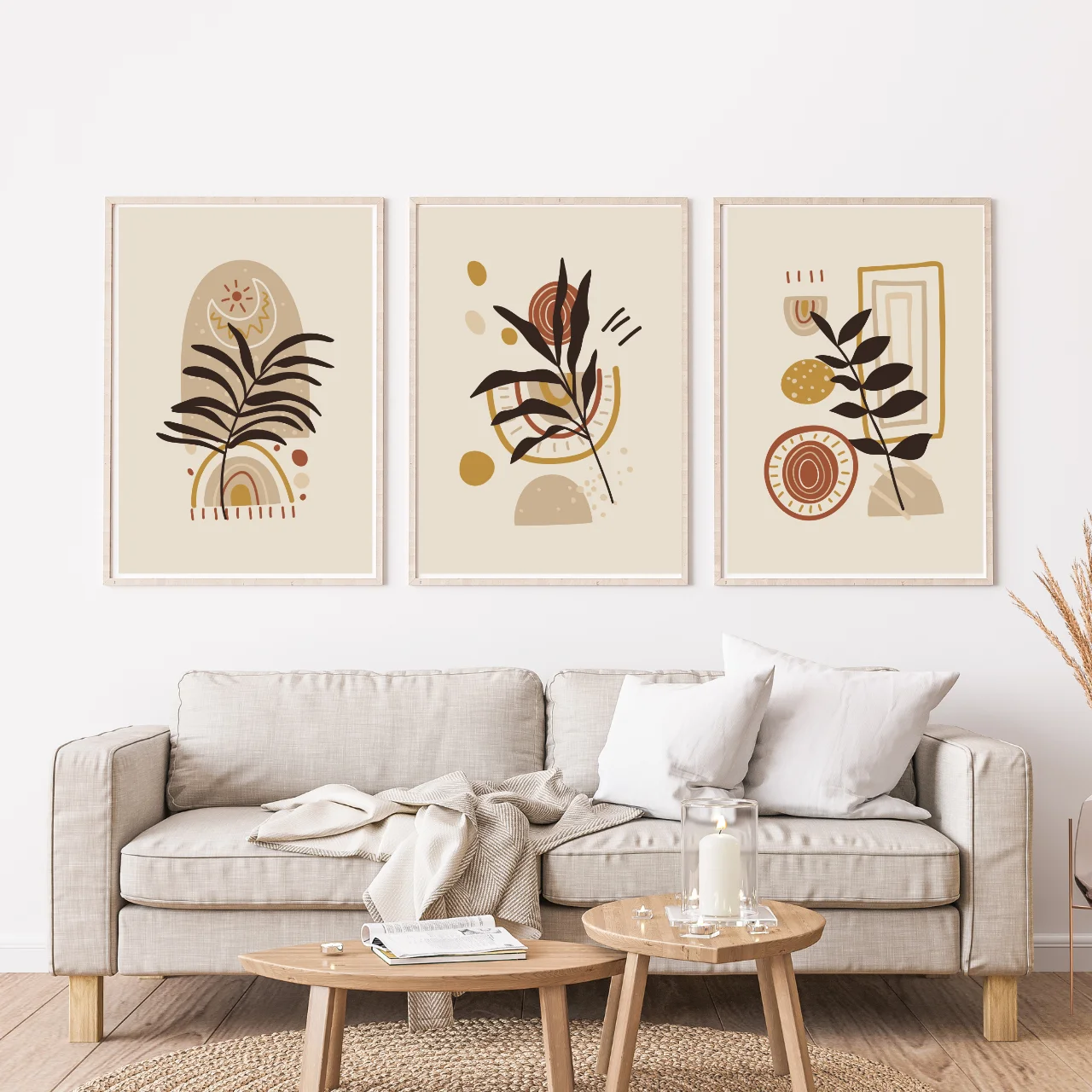 Boho Abstract Leaf Wall Art – Set of 3 Modern Geometric Prints in Beige and Terracotta Tones