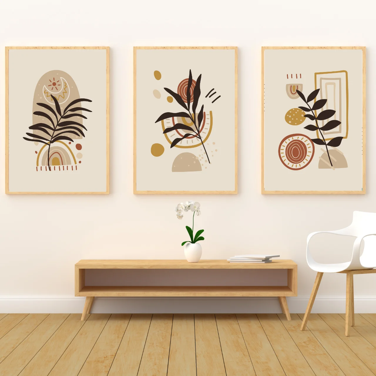 Boho Abstract Leaf Wall Art – Set of 3 Modern Geometric Prints in Beige and Terracotta Tones