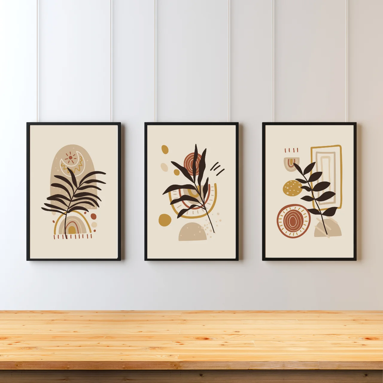 Boho Abstract Leaf Wall Art – Set of 3 Modern Geometric Prints in Beige and Terracotta Tones