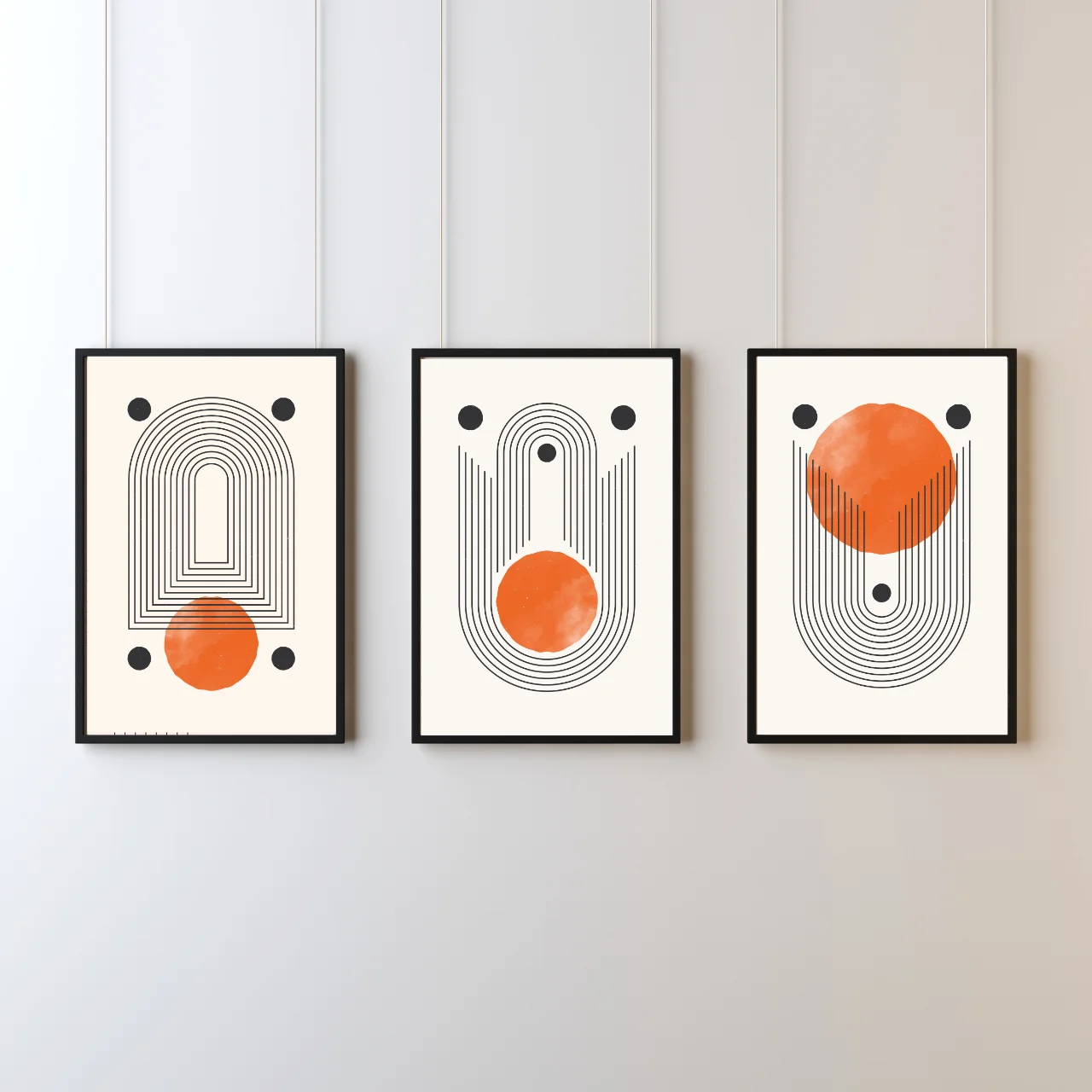 Modern Geometric Boho Wall Art – Set of 3 Minimal Abstract Prints in Orange and Black