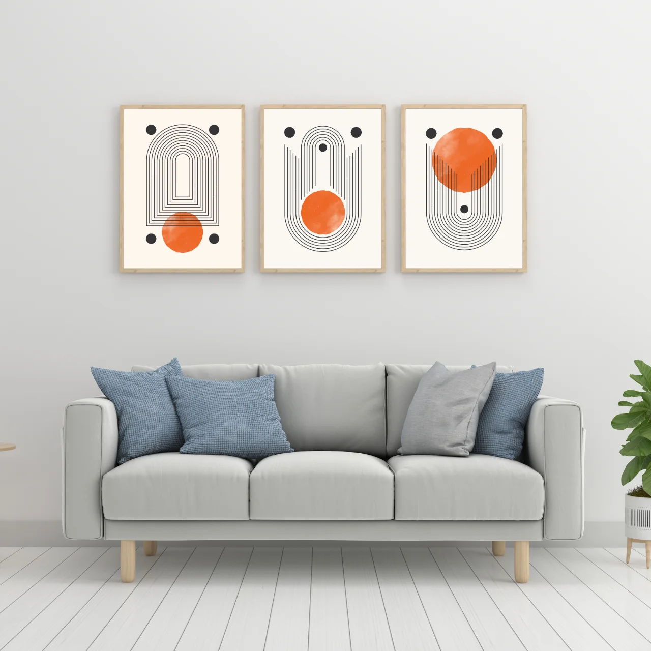 Modern Geometric Boho Wall Art – Set of 3 Minimal Abstract Prints in Orange and Black
