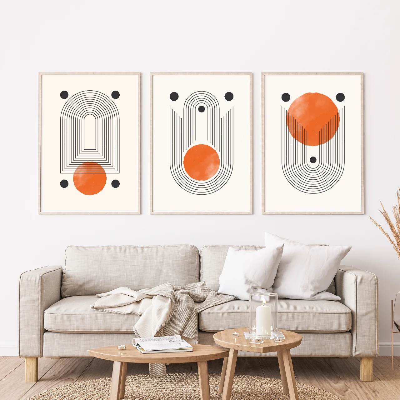 Modern Geometric Boho Wall Art – Set of 3 Minimal Abstract Prints in Orange and Black