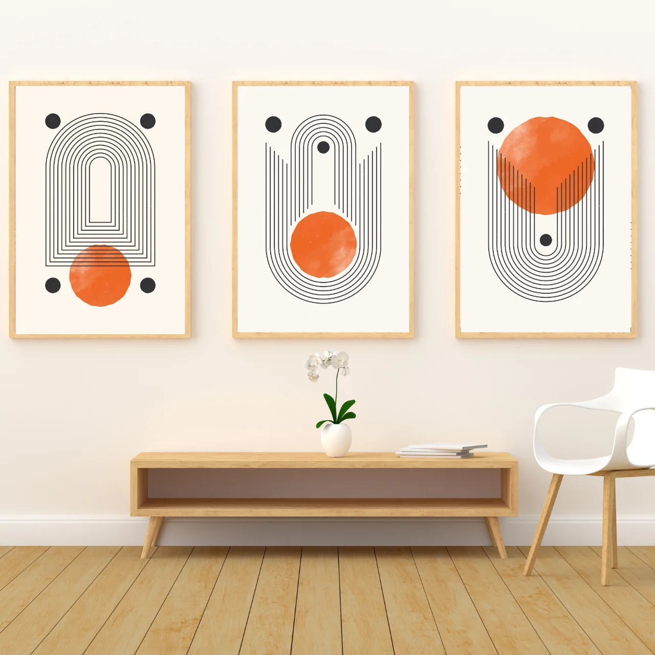 Modern Geometric Boho Wall Art – Set of 3 Minimal Abstract Prints in Orange and Black