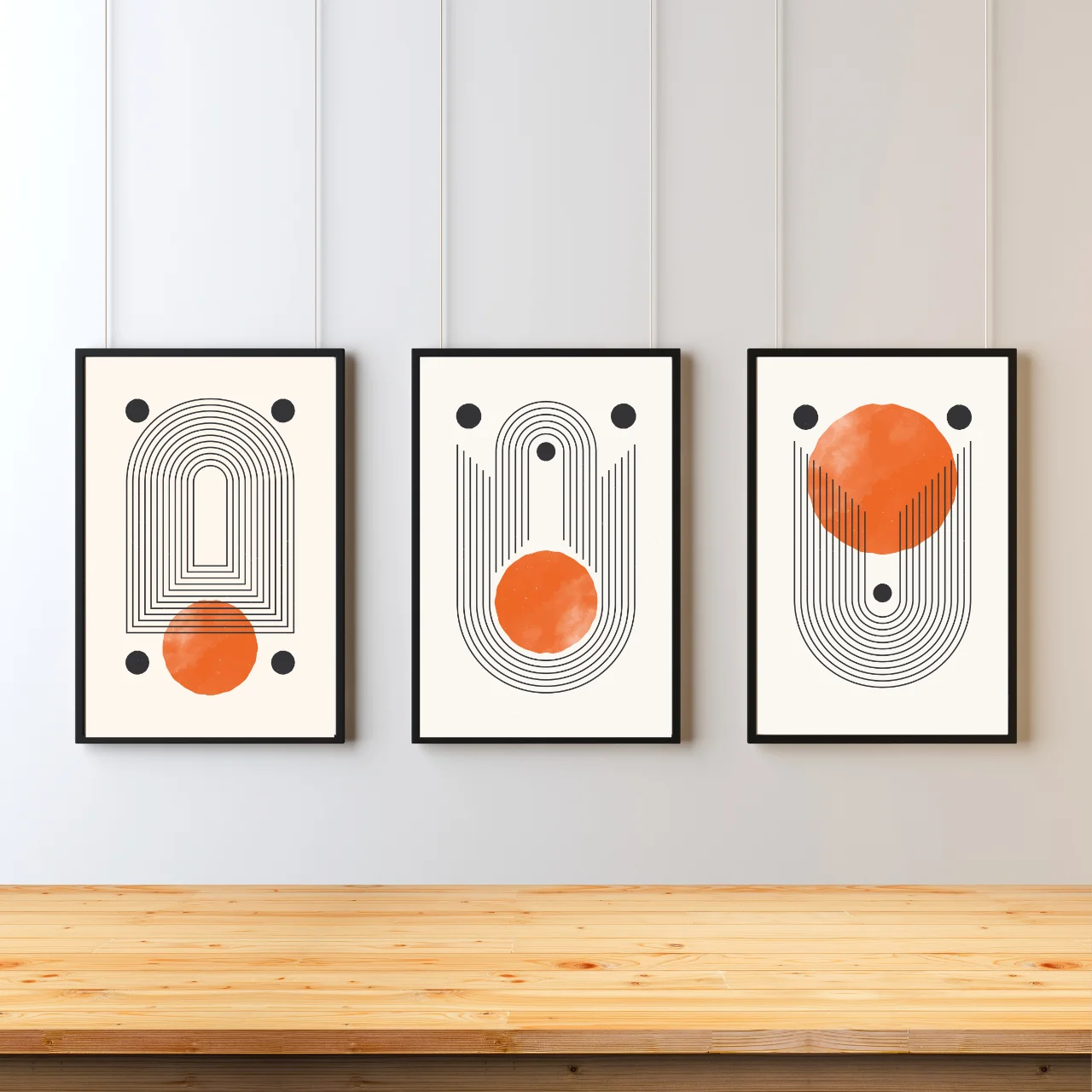 Modern Geometric Boho Wall Art – Set of 3 Minimal Abstract Prints in Orange and Black