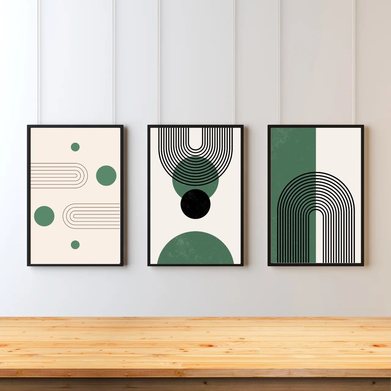 Modern Green Geometric Boho Wall Art – Set of 3 Minimal Abstract Prints for Living Room & Office Décor