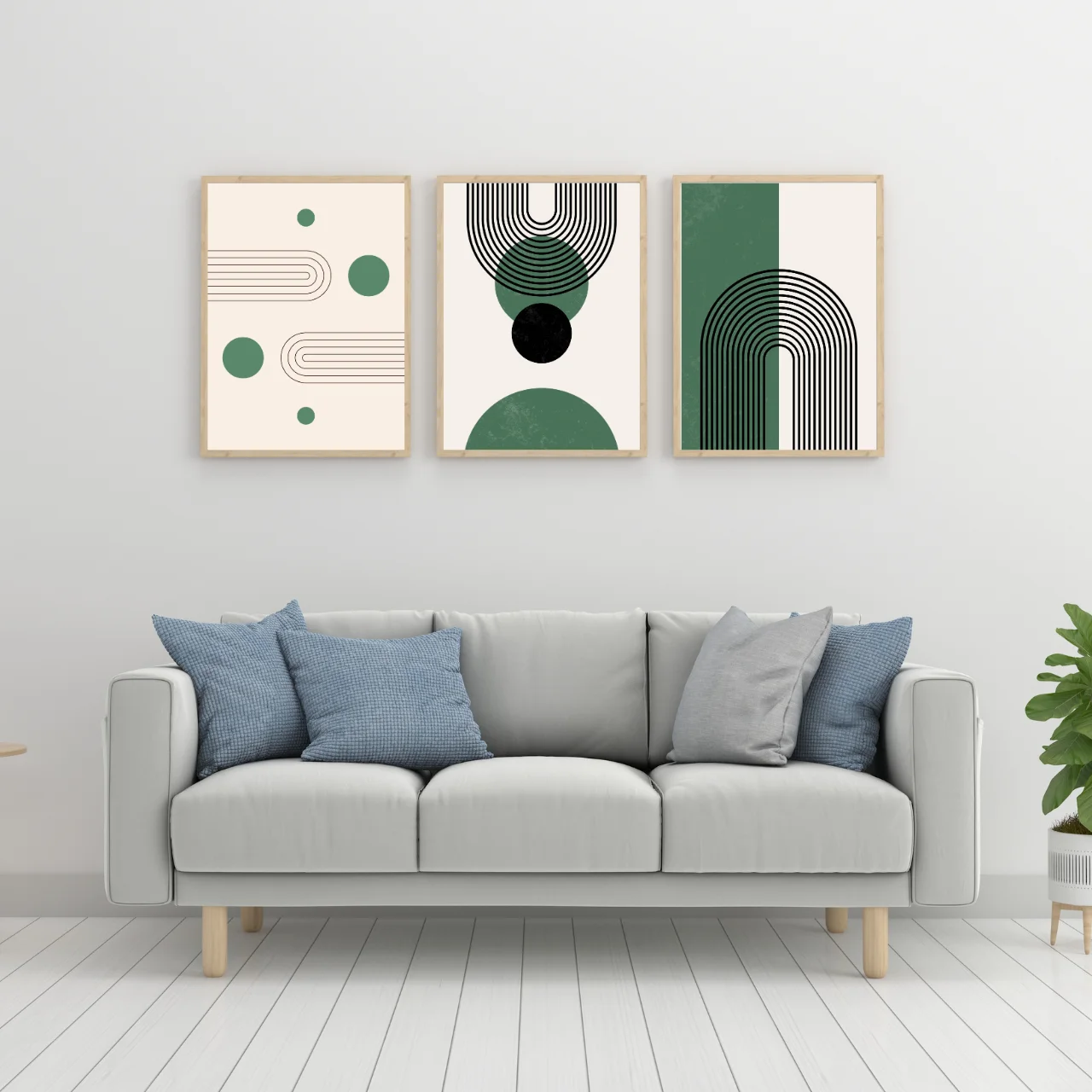 Modern Green Geometric Boho Wall Art – Set of 3 Minimal Abstract Prints for Living Room & Office Décor