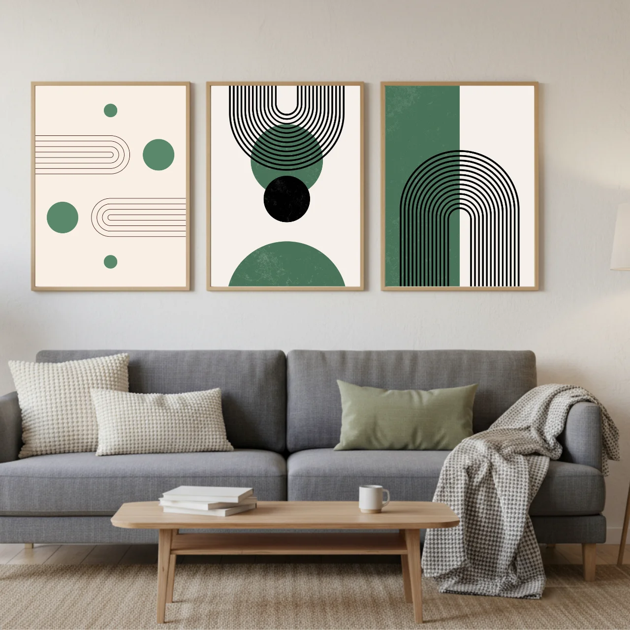 Modern Green Geometric Boho Wall Art – Set of 3 Minimal Abstract Prints for Living Room & Office Décor