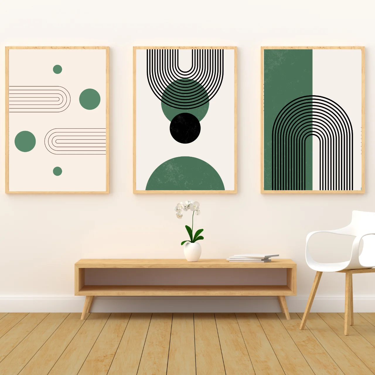 Modern Green Geometric Boho Wall Art – Set of 3 Minimal Abstract Prints for Living Room & Office Décor