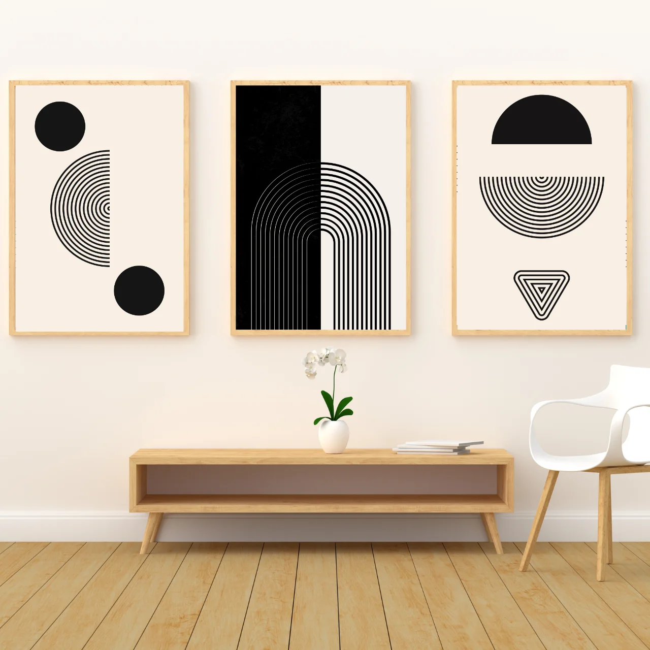 Black & White Geometric Boho Wall Art – Set of 3 Minimal Abstract Prints for Modern Home & Office Décor