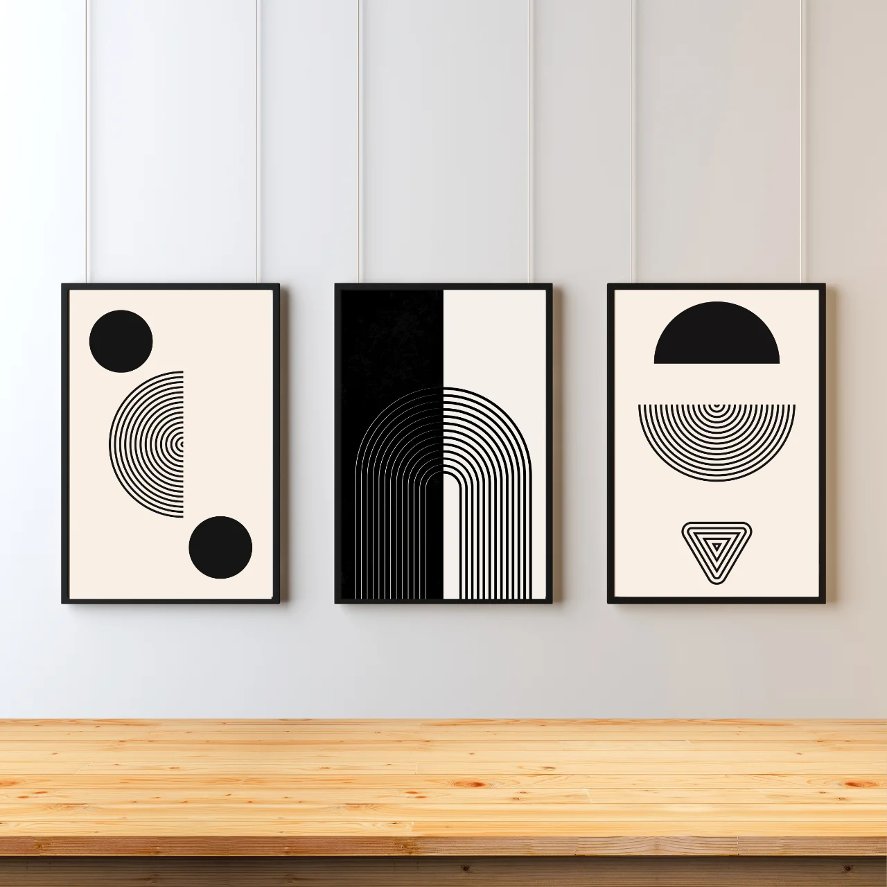 Black & White Geometric Boho Wall Art – Set of 3 Minimal Abstract Prints for Modern Home & Office Décor