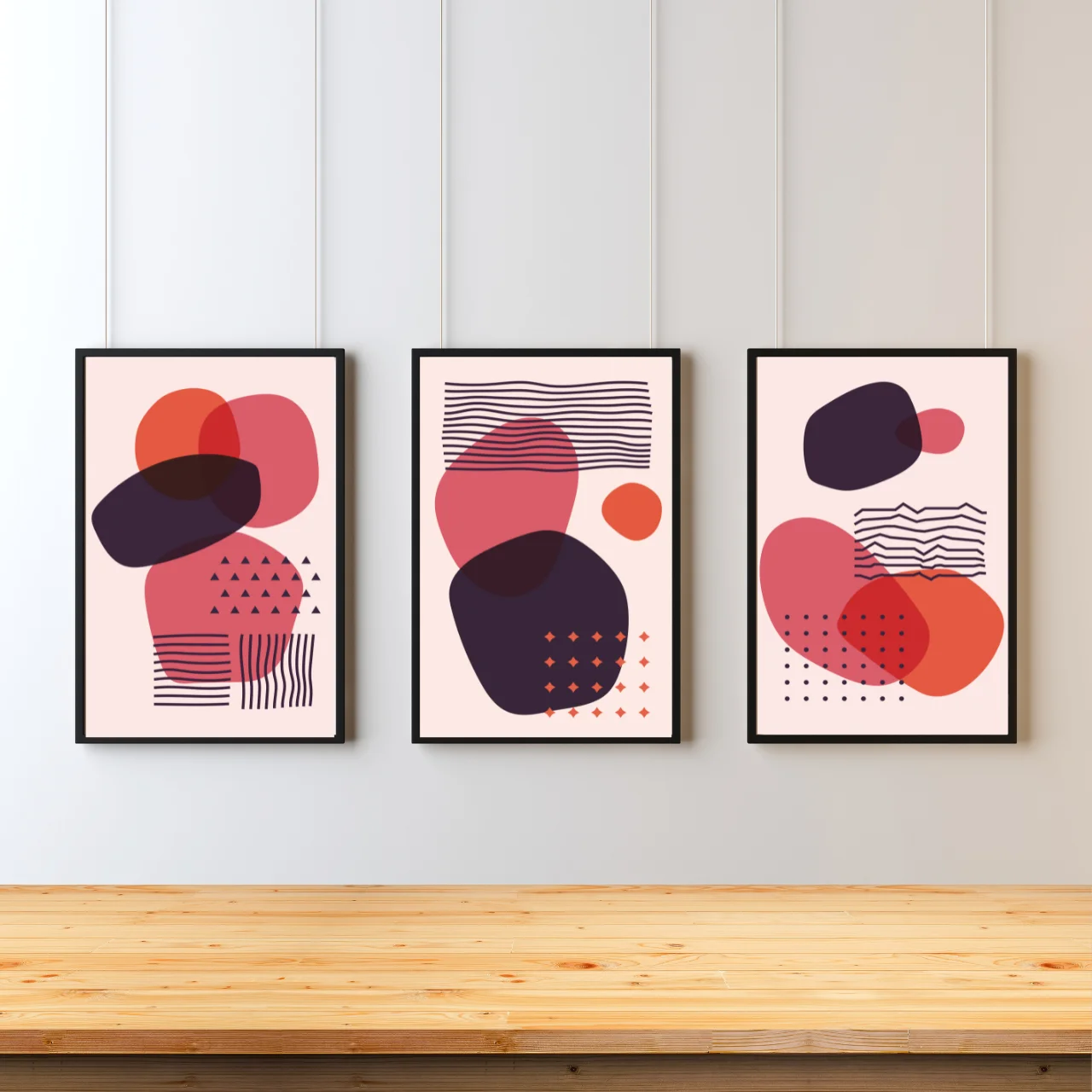 Modern Boho Abstract Wall Art Set of 3 – Red & Purple Geometric Prints for Living Room, Bedroom, or Office Décor