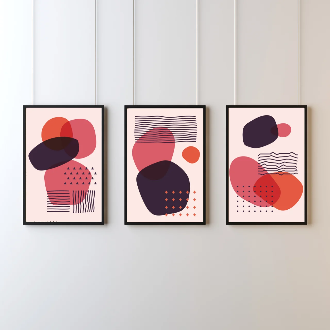 Modern Boho Abstract Wall Art Set of 3 – Red & Purple Geometric Prints for Living Room, Bedroom, or Office Décor