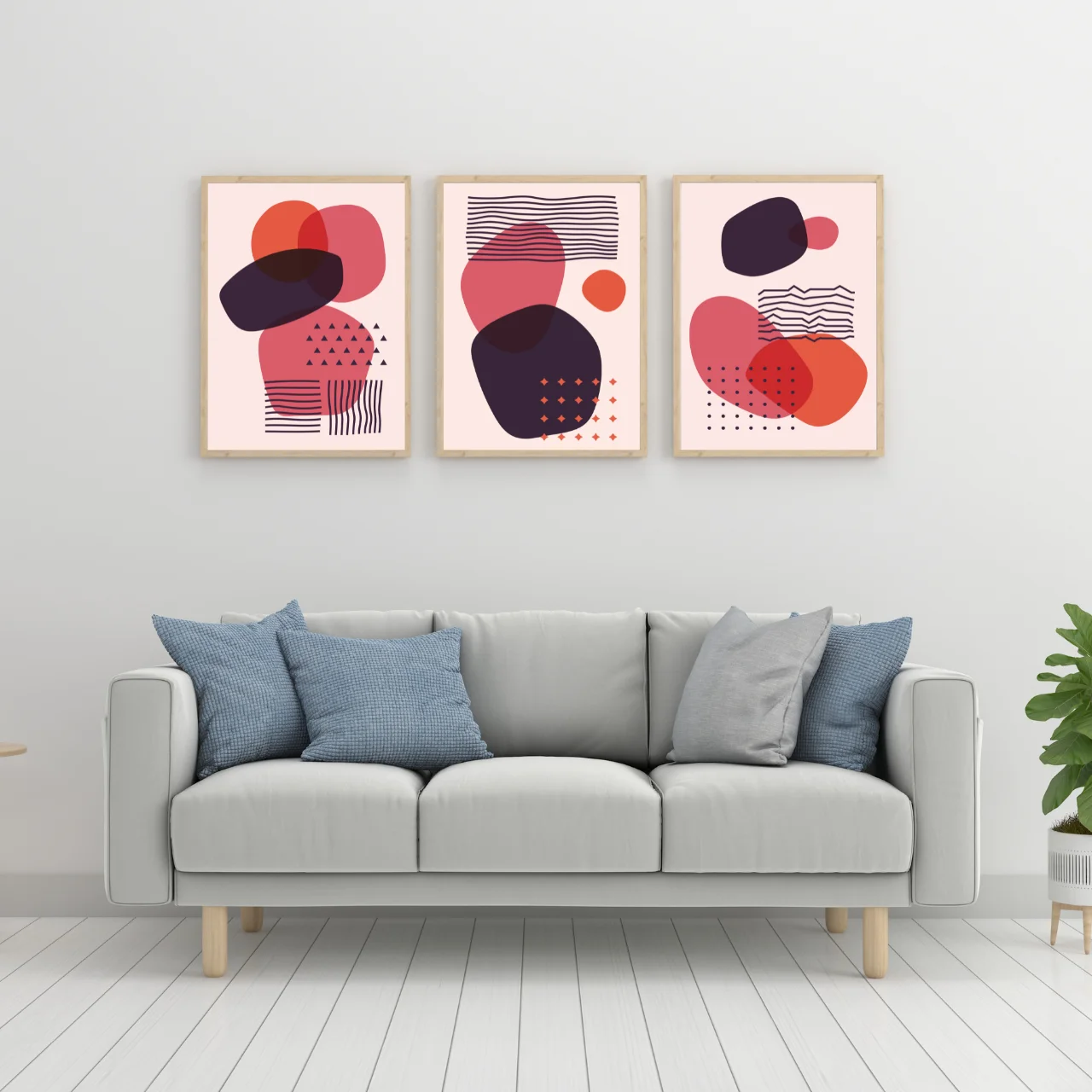 Modern Boho Abstract Wall Art Set of 3 – Red & Purple Geometric Prints for Living Room, Bedroom, or Office Décor