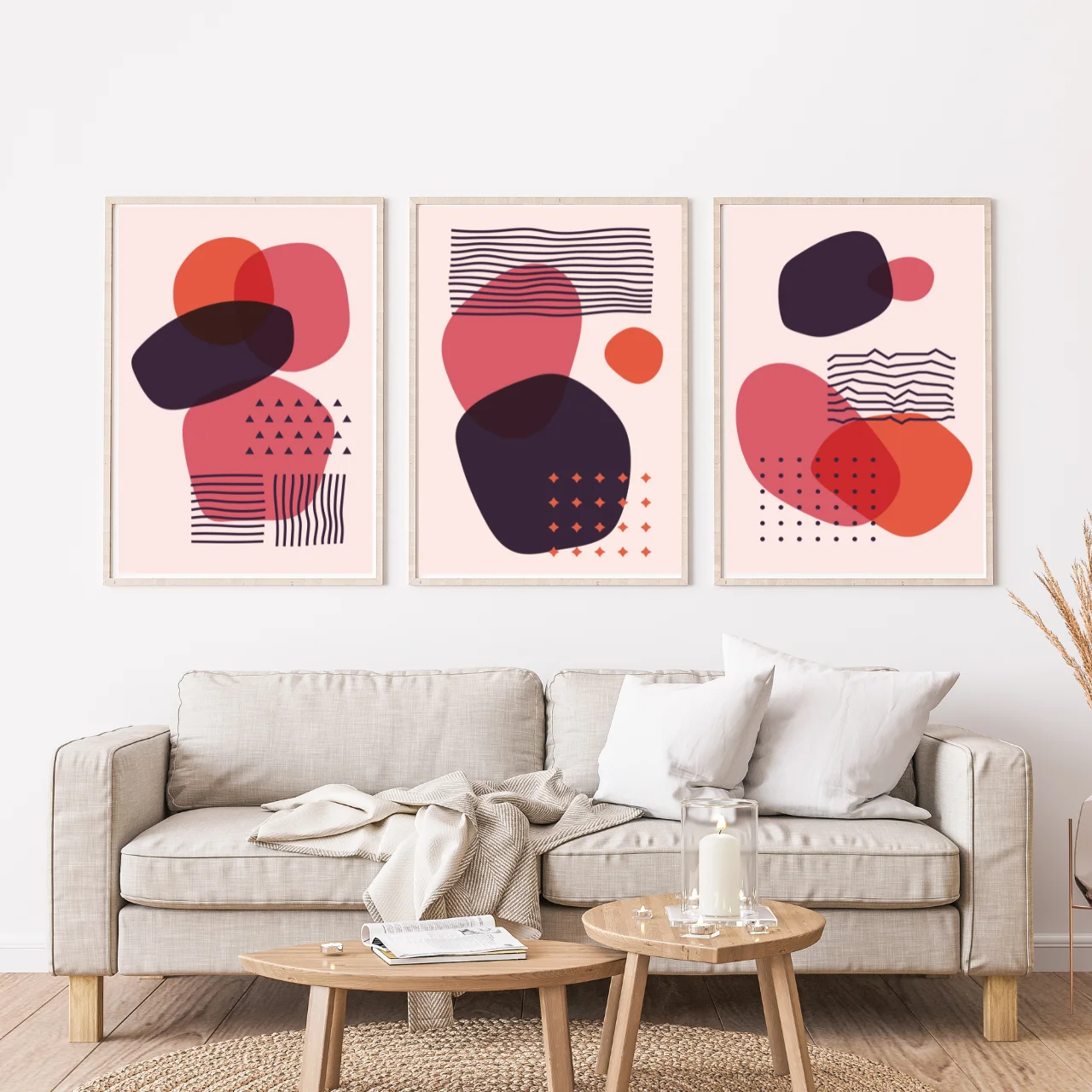 Modern Boho Abstract Wall Art Set of 3 – Red & Purple Geometric Prints for Living Room, Bedroom, or Office Décor