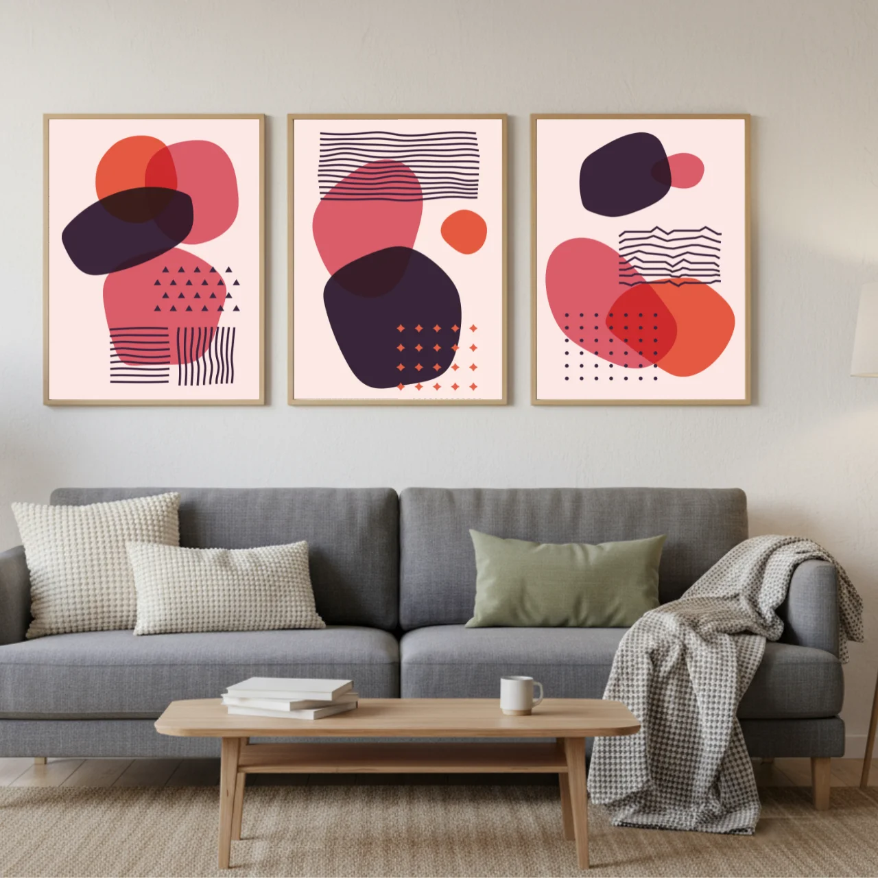 Modern Boho Abstract Wall Art Set of 3 – Red & Purple Geometric Prints for Living Room, Bedroom, or Office Décor
