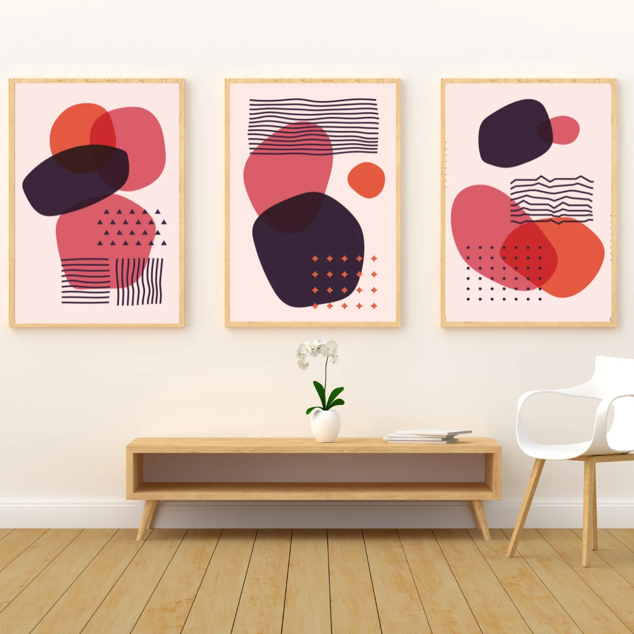 Modern Boho Abstract Wall Art Set of 3 – Red & Purple Geometric Prints for Living Room, Bedroom, or Office Décor