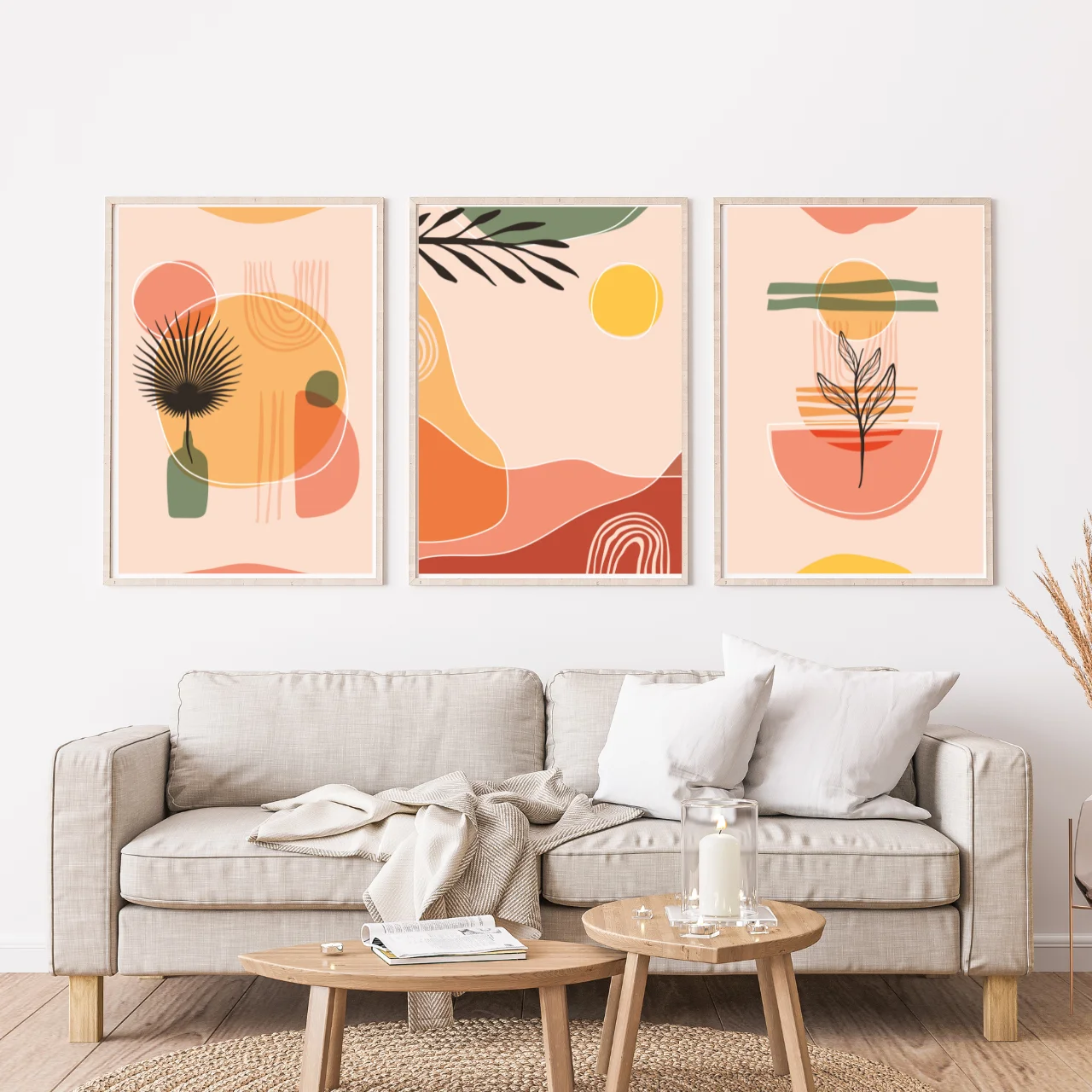 Boho Botanical Wall Art Set of 3 – Minimalist Abstract Plant Prints in Warm Earth Tones for Living Room, Bedroom, or Office Décor