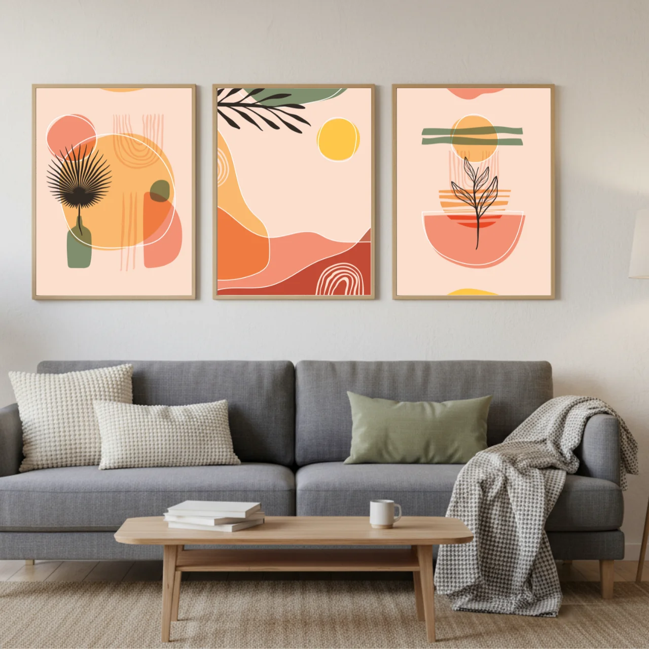 Boho Botanical Wall Art Set of 3 – Minimalist Abstract Plant Prints in Warm Earth Tones for Living Room, Bedroom, or Office Décor