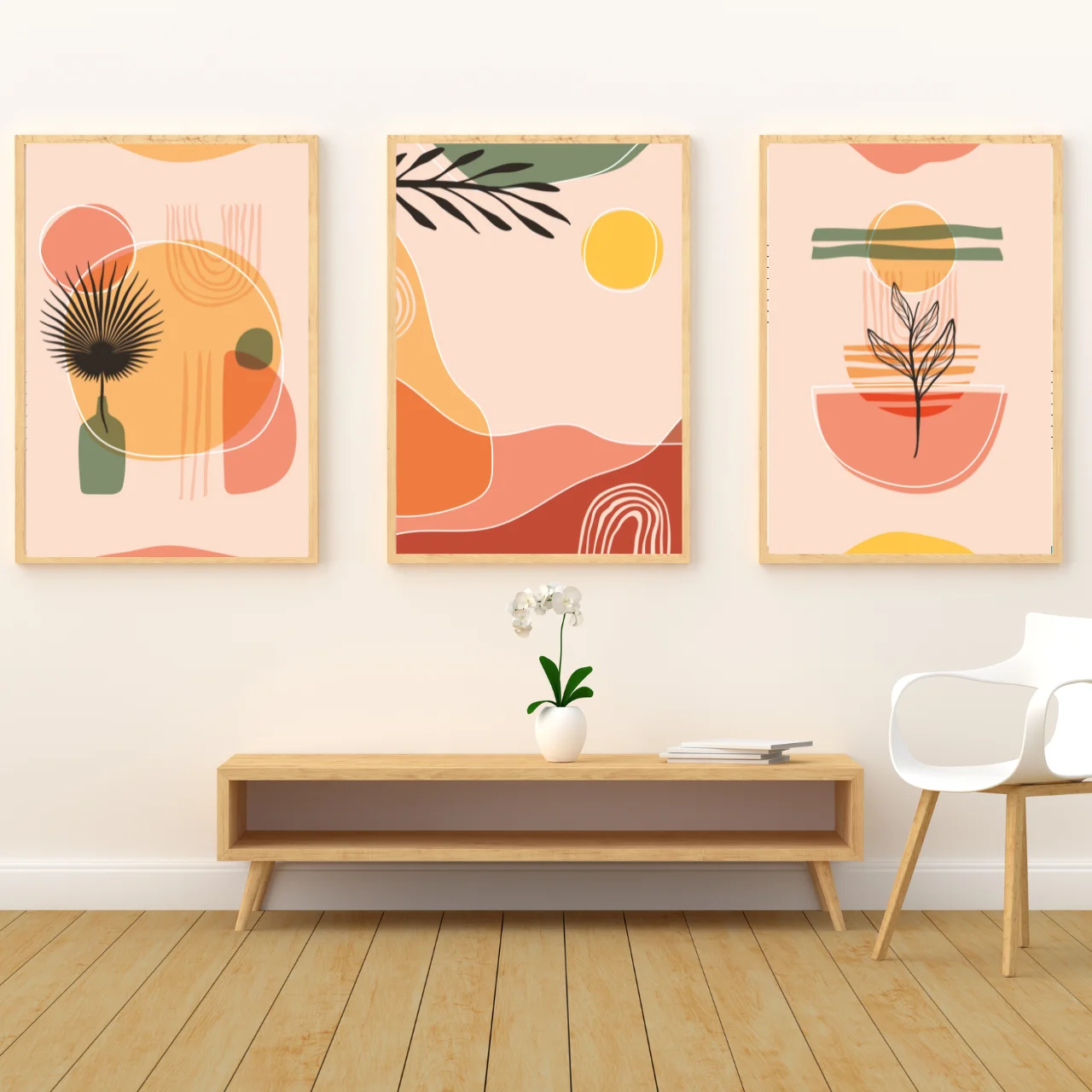 Boho Botanical Wall Art Set of 3 – Minimalist Abstract Plant Prints in Warm Earth Tones for Living Room, Bedroom, or Office Décor